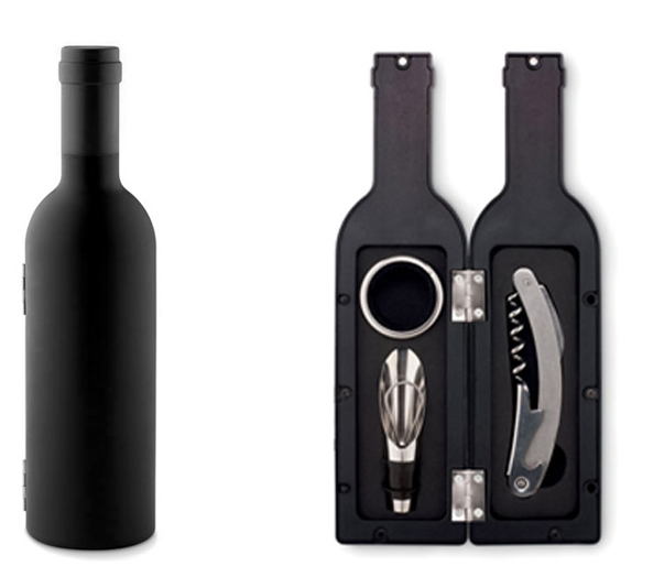 Σετ κρασιού, 3 μέρη, πλαστικό κουτί: τιρμπουσόν, δακτύλιος μπουκαλιού, αεριστής. Υλικό: Πλαστικό και μέταλλο